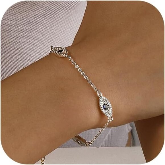 Sterling Silver SL-Evil Eye Link Chain Ring Bracelet Cubic Hand Chain for Women - Picture 1 of 8